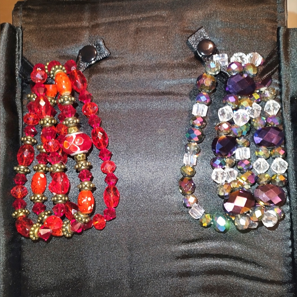 Glass beads and Swarovski crystal bracelets.